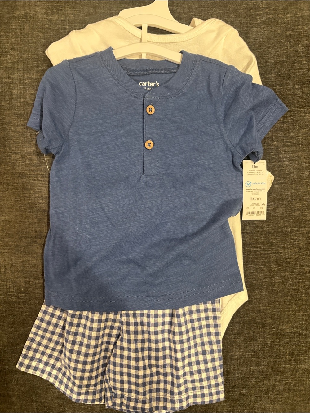 Carter's Blue Short-Sleeve Henley with White Bodysuit & Blue Gingham Skirt